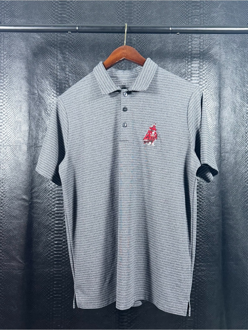 Tampa Bay Buccaneers NFL Antigua Polo Shirt Mens Large Gray Striped Football NFL